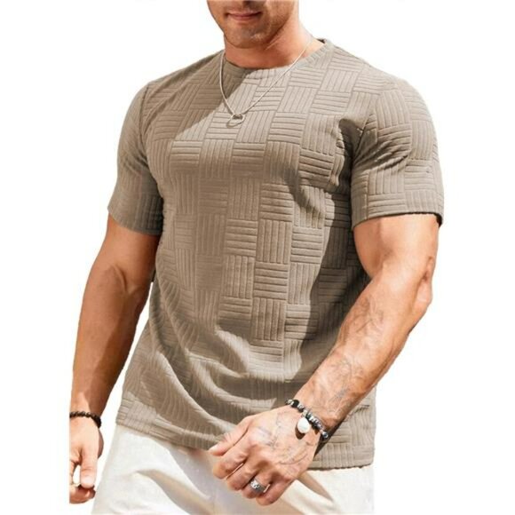 Mens Textured Crewneck T Shirt Slim Fit Short Sleeve Summer Casual Tee Top - Picture 1 of 7